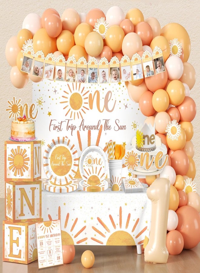Cocomigo 232pcs First Trip Around the Sun Decorations, One-stop Package Includes 59.1 x 39.4 in Backdrop 40 First Trip Around the Sun Plates 100 Balloons for First Birthday Party - Image 1